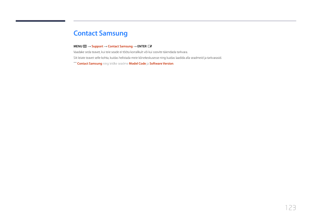 Samsung LH40RMDPLGU/EN, LH48RMDPLGU/EN, LH48RMDELGW/EN manual 123, Menu m → Support → Contact Samsung → Enter E 