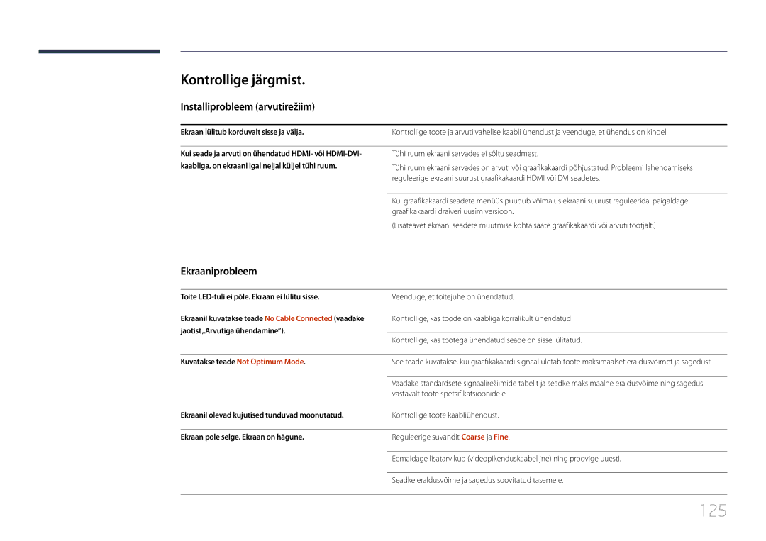 Samsung LH48RMDELGW/EN, LH40RMDPLGU/EN manual 125, Kontrollige järgmist, Installiprobleem arvutirežiim, Ekraaniprobleem 