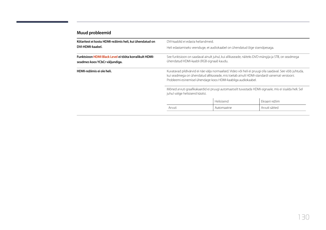 Samsung LH48RMDPLGU/EN, LH40RMDPLGU/EN, LH48RMDELGW/EN manual 130, HDMI-režiimis ei ole heli, Automaatne 