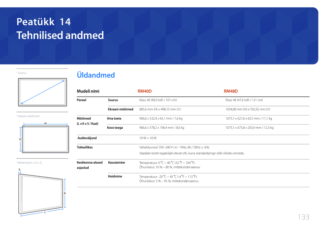 Samsung LH48RMDPLGU/EN, LH40RMDPLGU/EN, LH48RMDELGW/EN manual Tehnilised andmed, Üldandmed, 133 