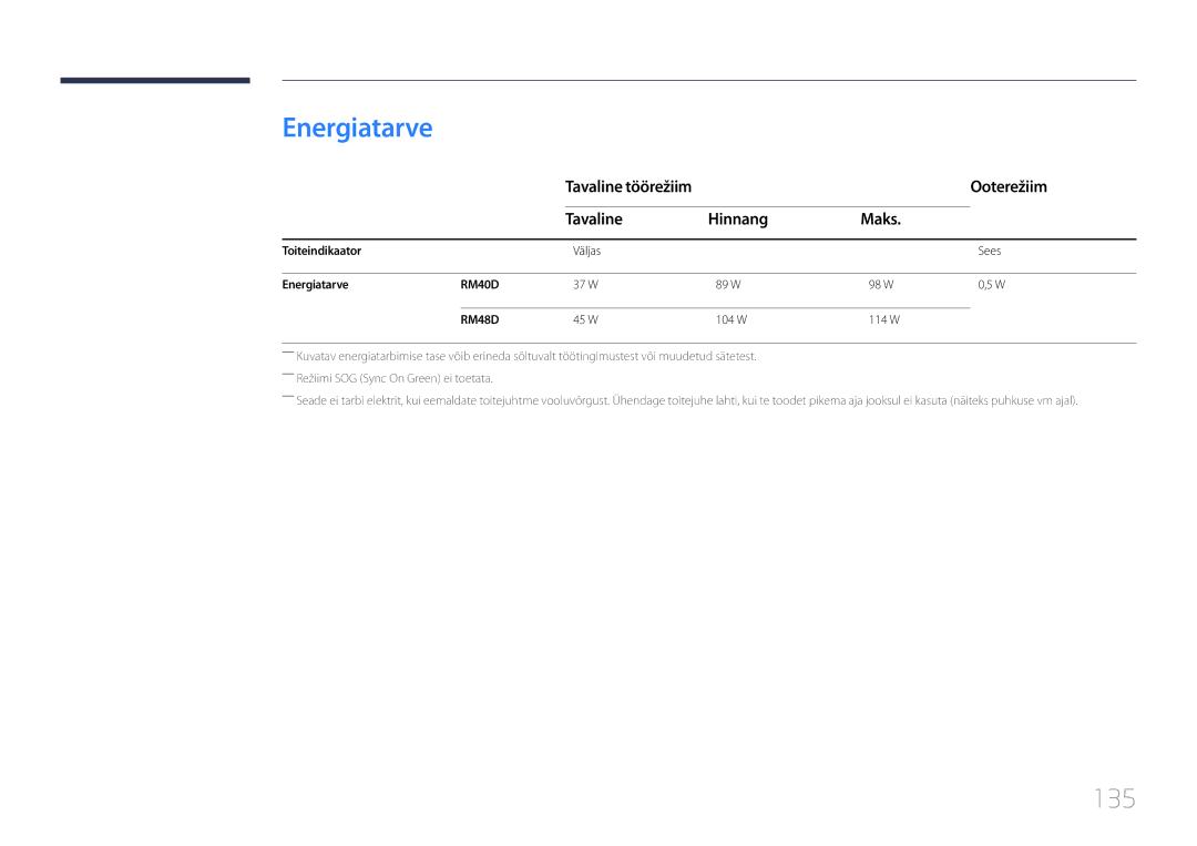 Samsung LH40RMDPLGU/EN, LH48RMDPLGU/EN manual Energiatarve, 135, Ooterežiim, Tavaline Hinnang Maks, Tavaline töörežiim 