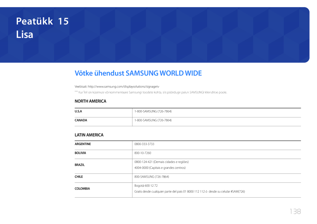 Samsung LH40RMDPLGU/EN, LH48RMDPLGU/EN, LH48RMDELGW/EN manual Lisa, Võtke ühendust Samsung World Wide, 138 