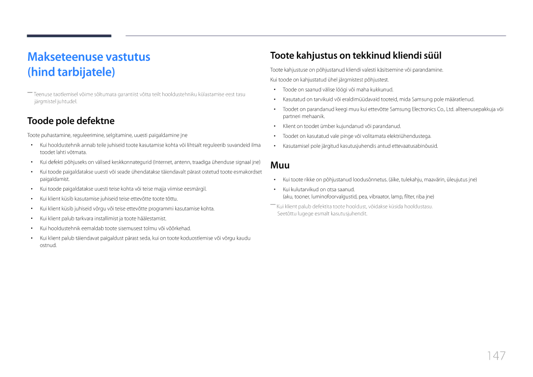 Samsung LH40RMDPLGU/EN, LH48RMDPLGU/EN manual 147, Toode pole defektne, Toote kahjustus on tekkinud kliendi süül, Muu 