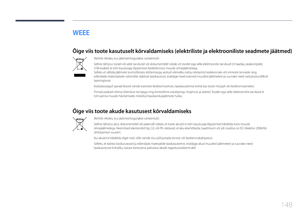 Samsung LH48RMDPLGU/EN, LH40RMDPLGU/EN, LH48RMDELGW/EN manual 148, Őige viis toote akude kasutusest kőrvaldamiseks 