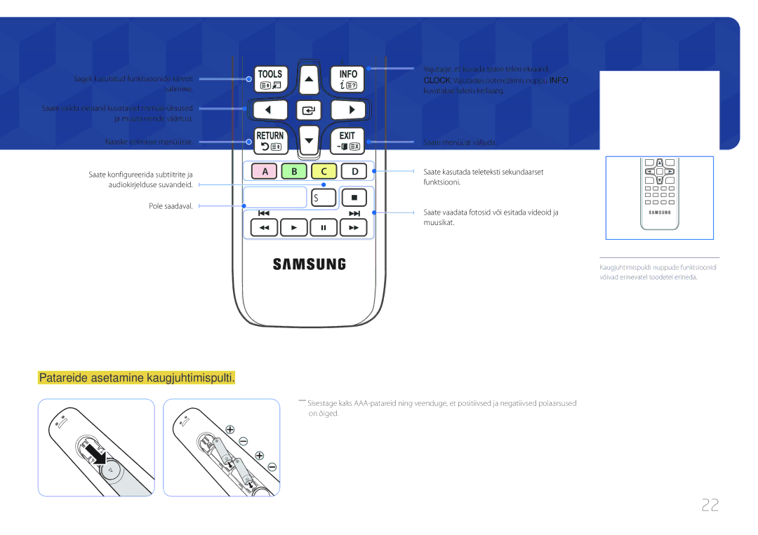 Samsung LH48RMDPLGU/EN, LH40RMDPLGU/EN manual Patareide asetamine kaugjuhtimispulti, Naaske eelmisse menüüsse, Pole saadaval 