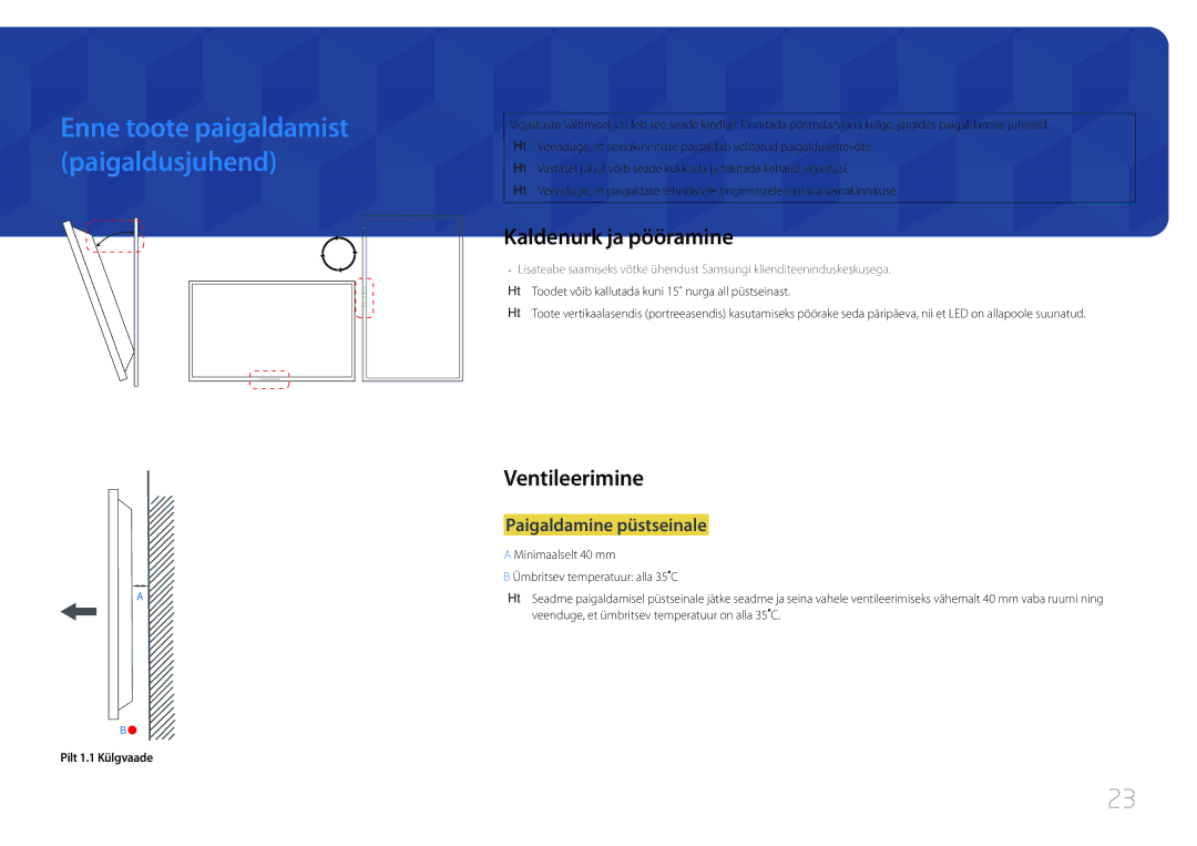 Samsung LH48RMDELGW/EN manual Kaldenurk ja pööramine, Ventileerimine, Paigaldamine püstseinale, Pilt 1.1 Külgvaade 