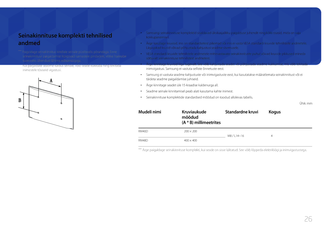 Samsung LH48RMDELGW/EN Seinakinnituse komplekti tehnilised andmed, Mudeli nimi Kruviaukude Standardne kruvi Kogus Mõõdud 