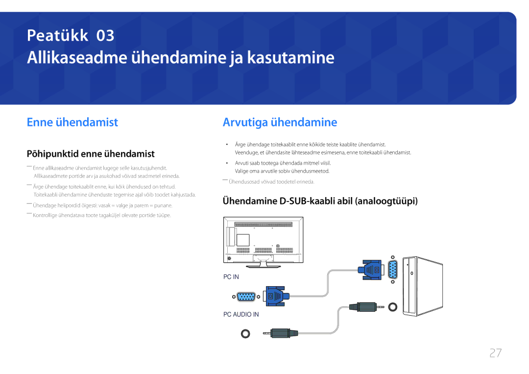 Samsung LH40RMDPLGU/EN, LH48RMDPLGU/EN manual Allikaseadme ühendamine ja kasutamine, Enne ühendamist, Arvutiga ühendamine 