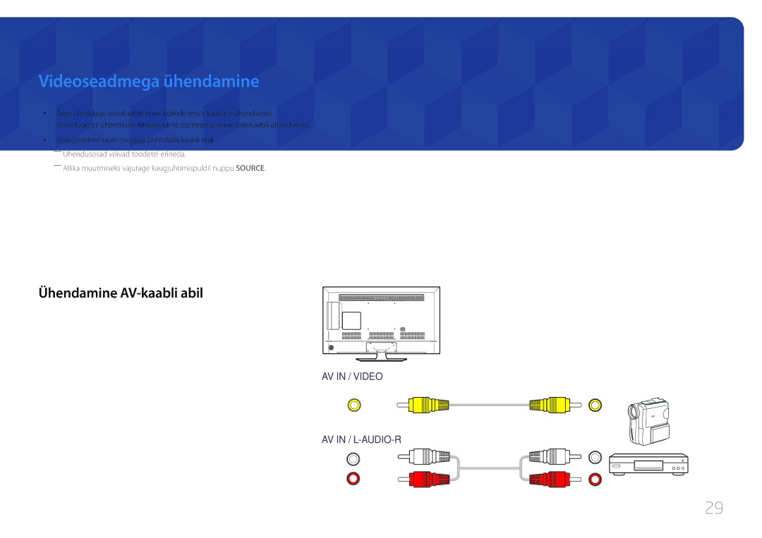 Samsung LH48RMDELGW/EN, LH40RMDPLGU/EN, LH48RMDPLGU/EN manual Videoseadmega ühendamine, Ühendamine AV-kaabli abil 