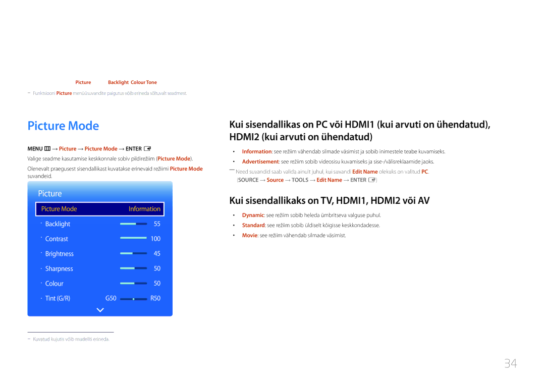 Samsung LH48RMDPLGU/EN, LH40RMDPLGU/EN manual Screen Adjustment, Picture Mode, Kui sisendallikaks on TV, HDMI1, HDMI2 või AV 