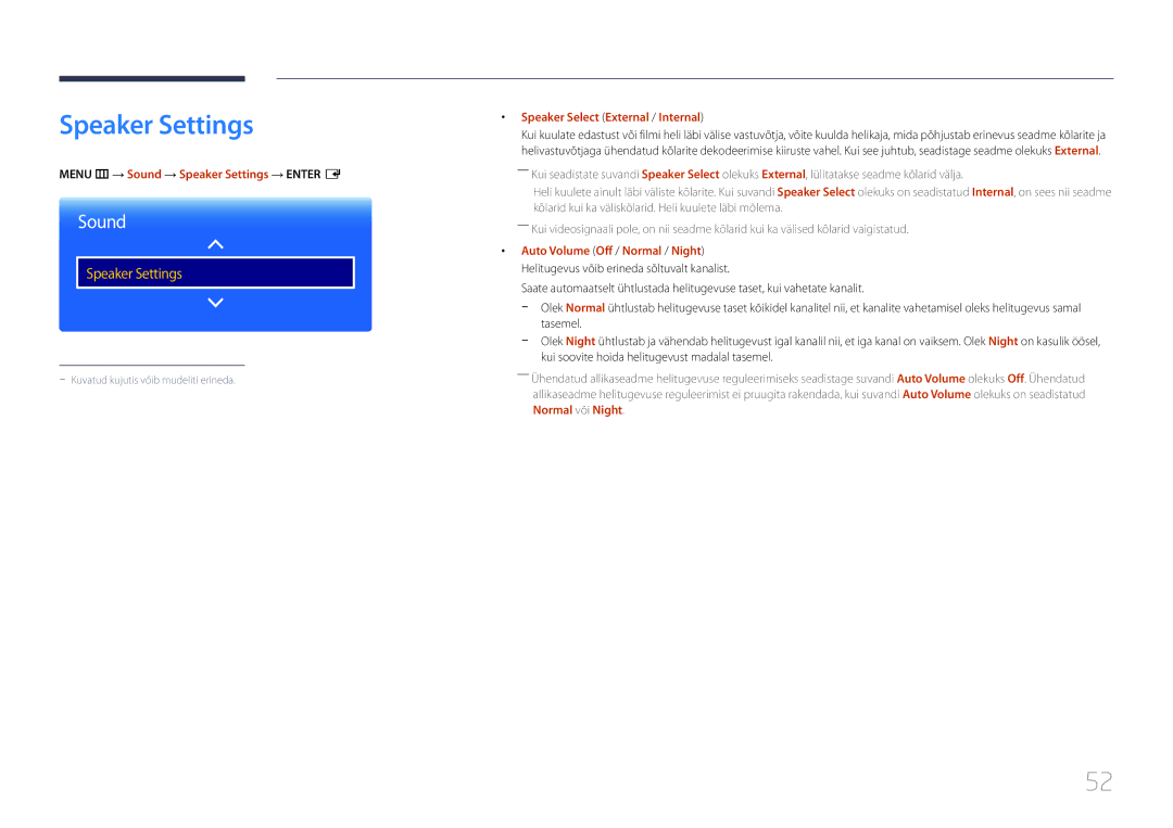 Samsung LH48RMDPLGU/EN, LH40RMDPLGU/EN Menu m → Sound → Speaker Settings → Enter E, Speaker Select External / Internal 