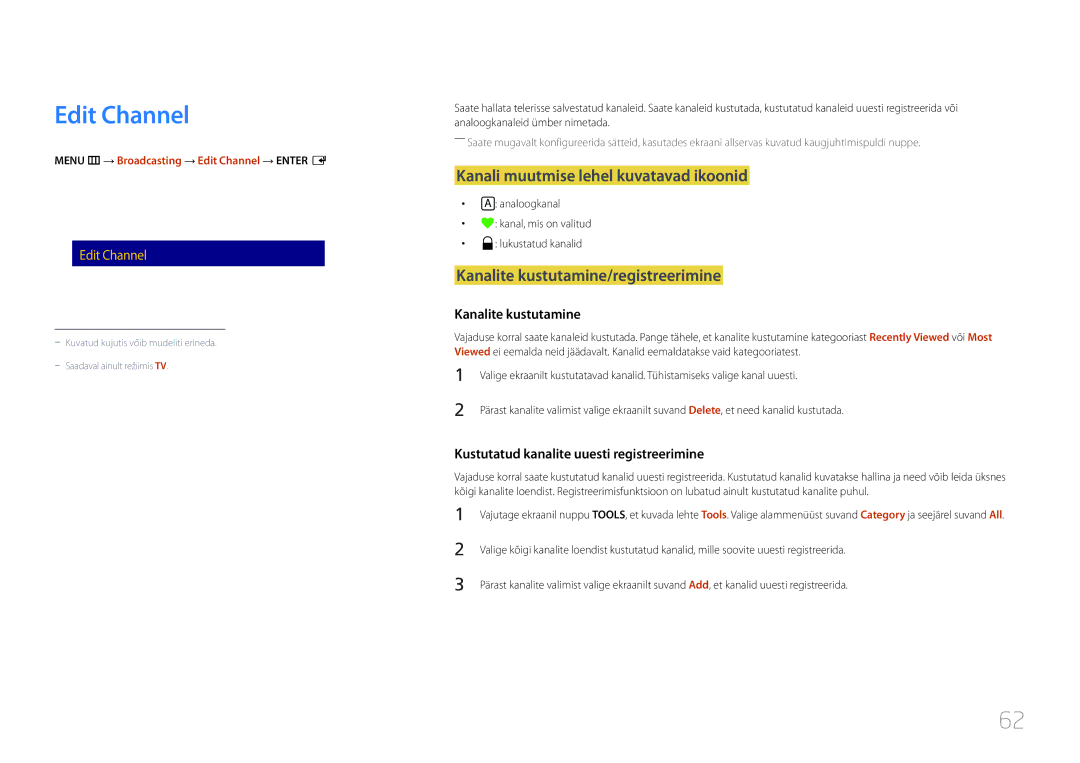 Samsung LH48RMDELGW/EN manual Edit Channel, Kanali muutmise lehel kuvatavad ikoonid, Kanalite kustutamine/registreerimine 