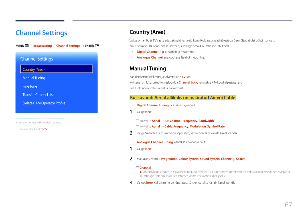 Samsung LH48RMDPLGU/EN, LH40RMDPLGU/EN, LH48RMDELGW/EN manual Channel Settings, Country Area, Manual Tuning 