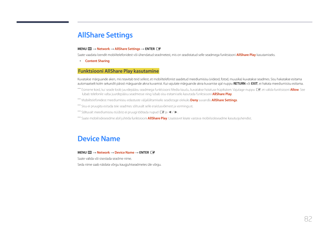 Samsung LH48RMDPLGU/EN, LH40RMDPLGU/EN, LH48RMDELGW/EN AllShare Settings, Device Name, Funktsiooni AllShare Play kasutamine 