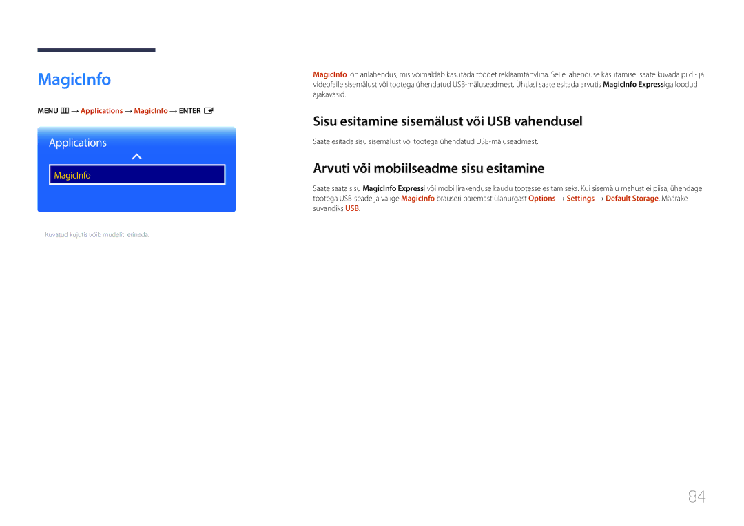 Samsung LH40RMDPLGU/EN MagicInfo, Sisu esitamine sisemälust või USB vahendusel, Arvuti või mobiilseadme sisu esitamine 