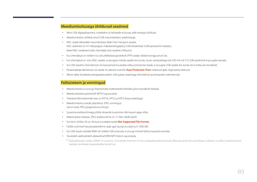 Samsung LH48RMDELGW/EN, LH40RMDPLGU/EN, LH48RMDPLGU/EN manual Meediumiesitusega ühilduvad seadmed, Failisüsteem ja vormingud 