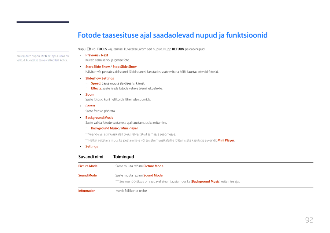 Samsung LH48RMDELGW/EN, LH40RMDPLGU/EN, LH48RMDPLGU/EN manual Fotode taasesituse ajal saadaolevad nupud ja funktsioonid 