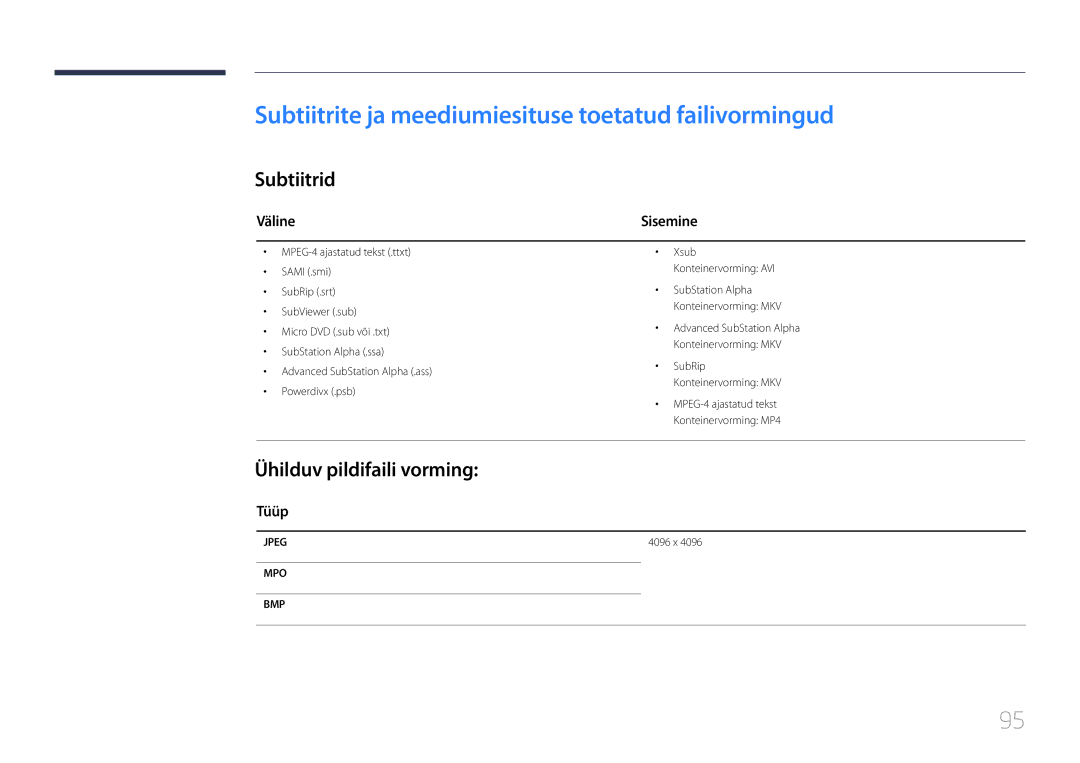 Samsung LH48RMDELGW/EN Subtiitrite ja meediumiesituse toetatud failivormingud, Subtiitrid, Ühilduv pildifaili vorming 