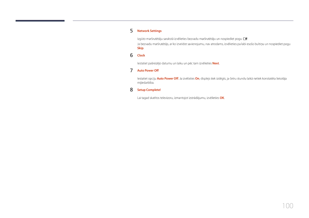 Samsung LH48RMDPLGU/EN, LH40RMDPLGU/EN, LH48RMDELGW/EN manual 100, Network Settings, Clock, Auto Power Off, Setup Complete 