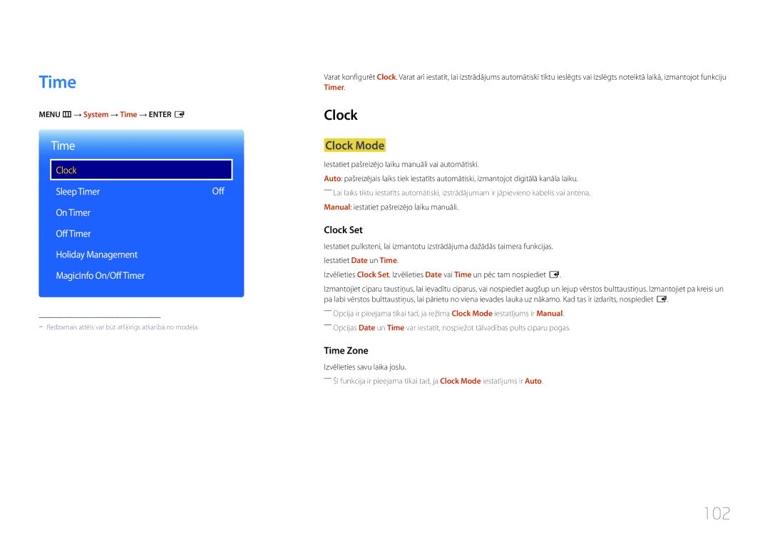 Samsung LH40RMDPLGU/EN, LH48RMDPLGU/EN, LH48RMDELGW/EN manual Time, 102, Clock Mode 
