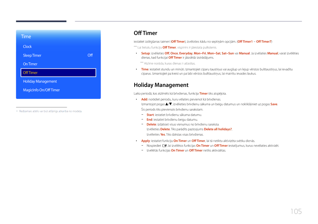 Samsung LH40RMDPLGU/EN, LH48RMDPLGU/EN, LH48RMDELGW/EN manual 105, Off Timer, Holiday Management 