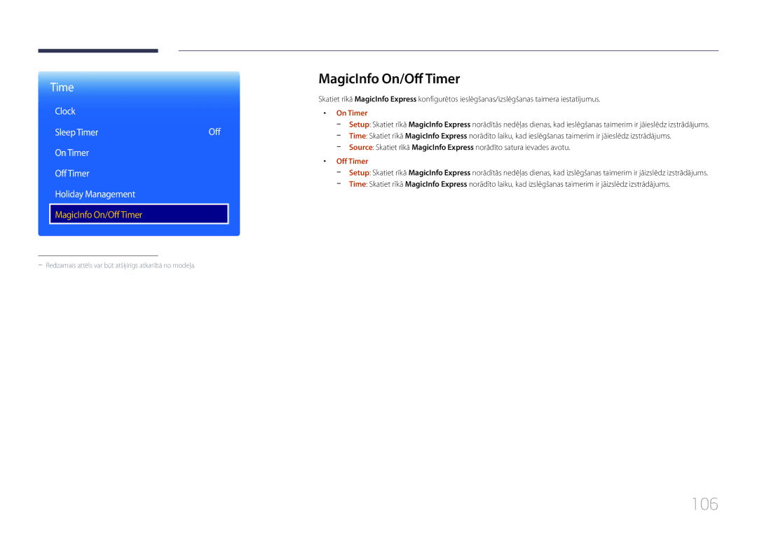 Samsung LH48RMDPLGU/EN, LH40RMDPLGU/EN, LH48RMDELGW/EN manual 106, MagicInfo On/Off Timer, On Timer 