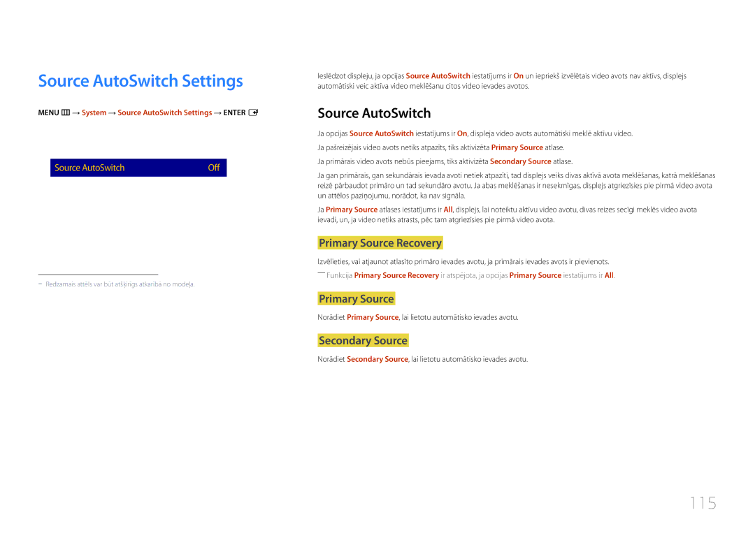 Samsung LH48RMDPLGU/EN, LH40RMDPLGU/EN, LH48RMDELGW/EN manual Source AutoSwitch Settings, 115 