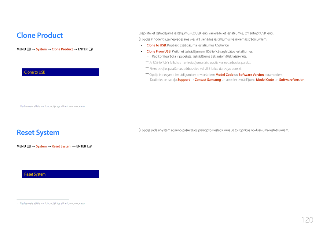 Samsung LH40RMDPLGU/EN, LH48RMDPLGU/EN, LH48RMDELGW/EN manual Clone Product, Reset System, 120 