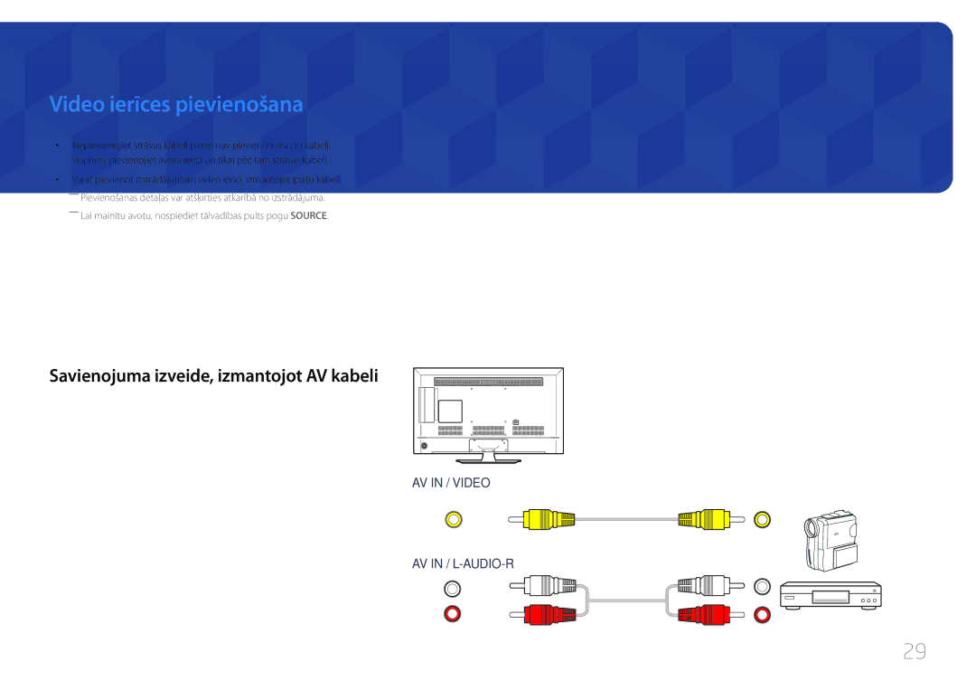 Samsung LH48RMDELGW/EN, LH40RMDPLGU/EN manual Video ierīces pievienošana, Savienojuma izveide, izmantojot AV kabeli 