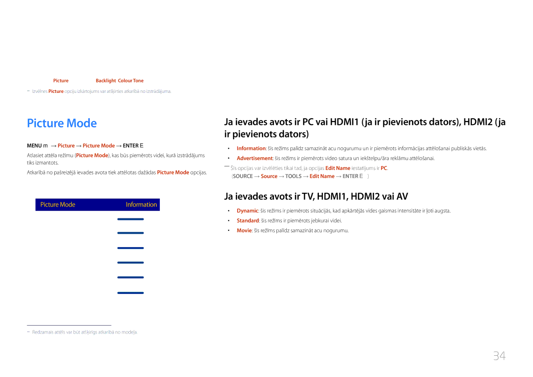 Samsung LH48RMDPLGU/EN, LH40RMDPLGU/EN manual Screen Adjustment, Picture Mode, Ja ievades avots ir TV, HDMI1, HDMI2 vai AV 