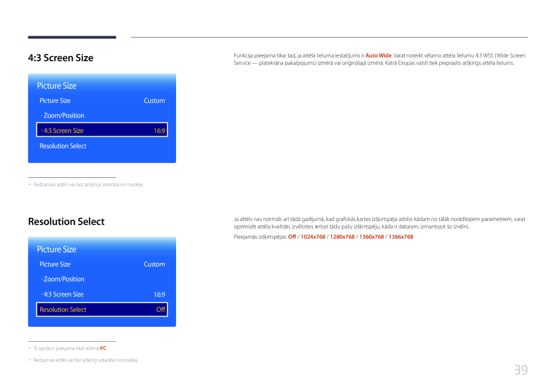 Samsung LH40RMDPLGU/EN, LH48RMDPLGU/EN, LH48RMDELGW/EN manual Resolution Select, · 43 Screen Size 169, Off 