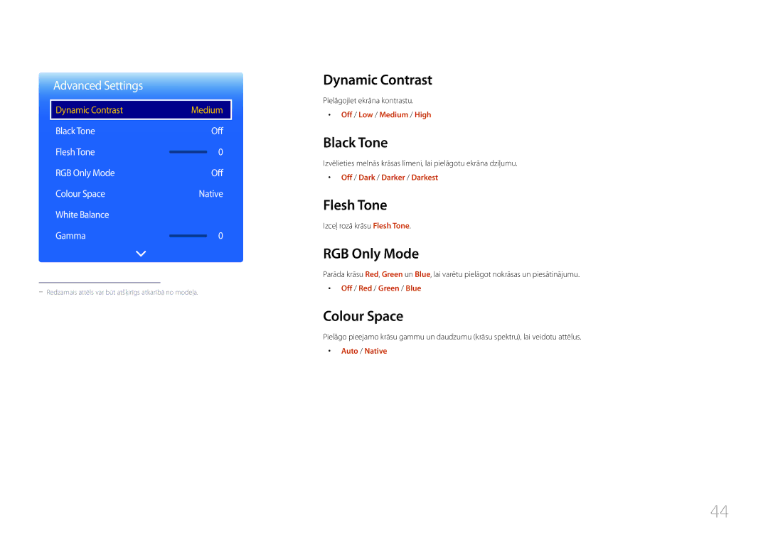 Samsung LH48RMDELGW/EN, LH40RMDPLGU/EN manual Dynamic Contrast, Black Tone, Flesh Tone, RGB Only Mode, Colour Space 