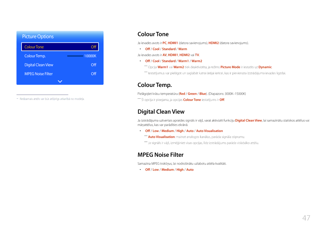 Samsung LH48RMDELGW/EN, LH40RMDPLGU/EN, LH48RMDPLGU/EN manual Colour Tone, Colour Temp, Digital Clean View, Mpeg Noise Filter 