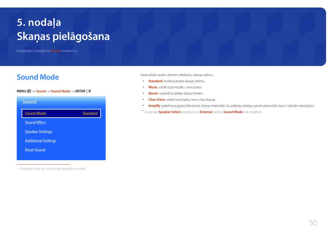 Samsung LH48RMDELGW/EN, LH40RMDPLGU/EN Skaņas pielāgošana, Sound Mode Standard, Menu m → Sound → Sound Mode → Enter E 