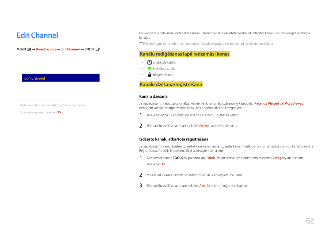Samsung LH48RMDELGW/EN, LH40RMDPLGU/EN Edit Channel, Kanālu rediģēšanas lapā redzamās ikonas, Kanālu dzēšana/reģistrēšana 