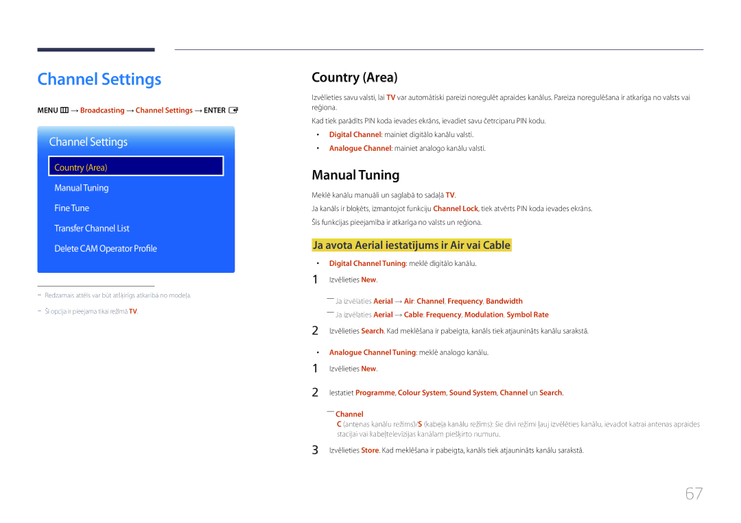 Samsung LH48RMDPLGU/EN manual Channel Settings, Country Area, Manual Tuning, Ja avota Aerial iestatījums ir Air vai Cable 