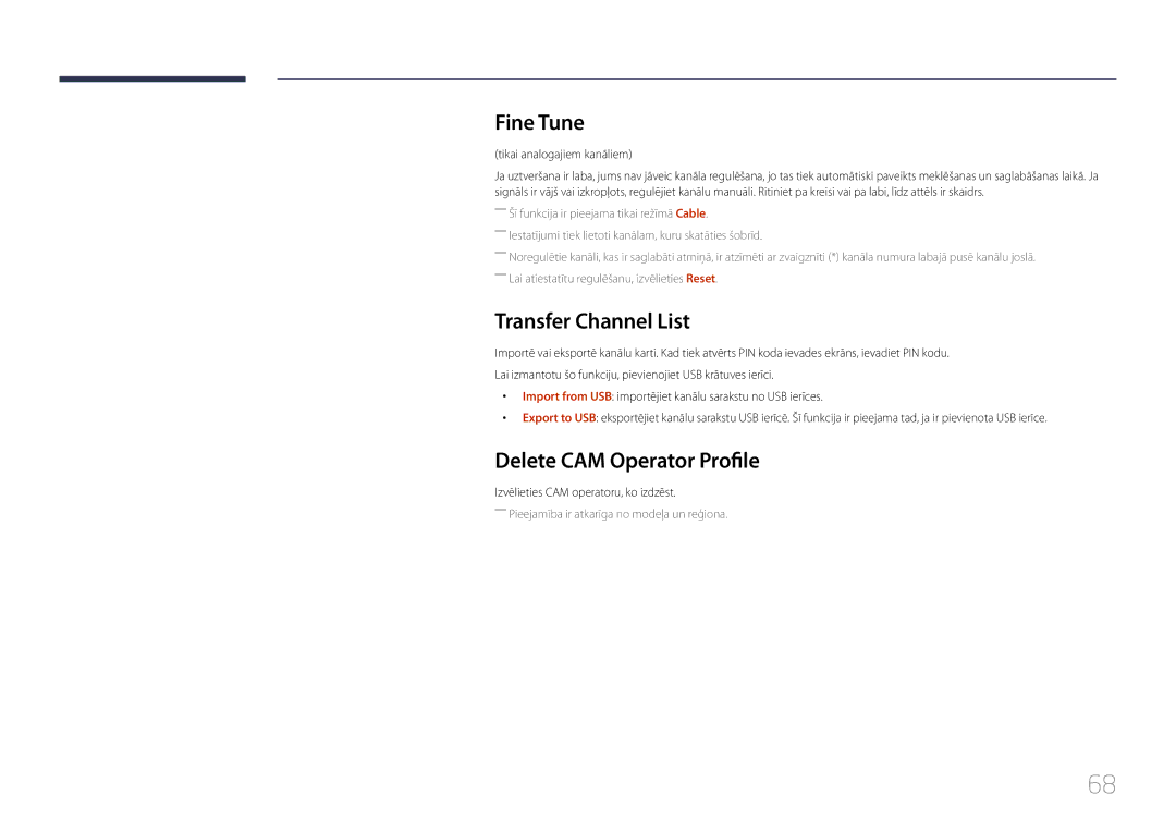 Samsung LH48RMDELGW/EN manual Fine Tune, Transfer Channel List, Delete CAM Operator Profile, Tikai analogajiem kanāliem 
