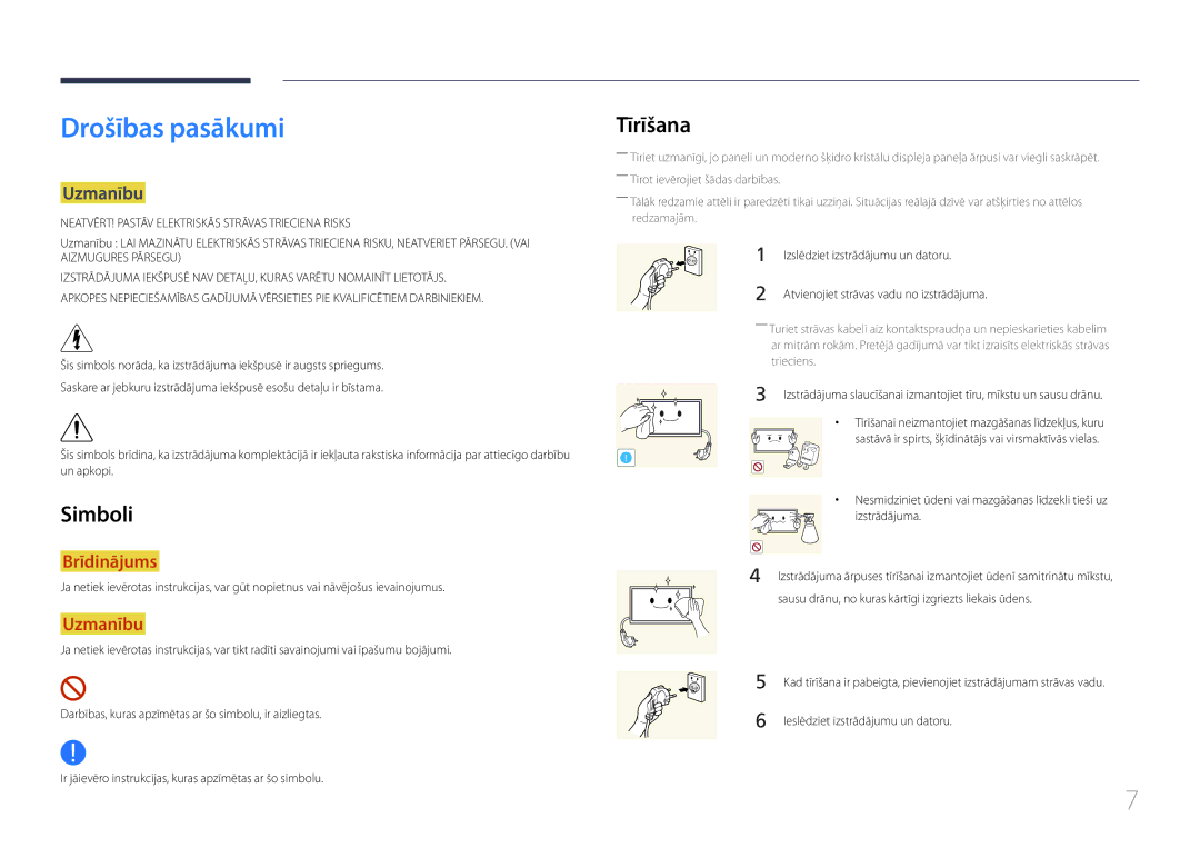 Samsung LH48RMDPLGU/EN, LH40RMDPLGU/EN, LH48RMDELGW/EN manual Drošības pasākumi, Simboli, Tīrīšana, Uzmanību 