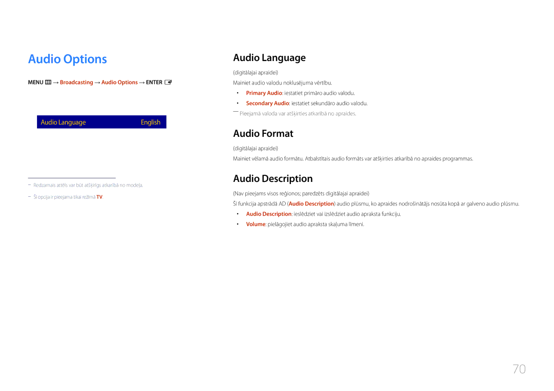 Samsung LH48RMDPLGU/EN, LH40RMDPLGU/EN, LH48RMDELGW/EN manual Audio Options, Audio Language, Audio Format, Audio Description 