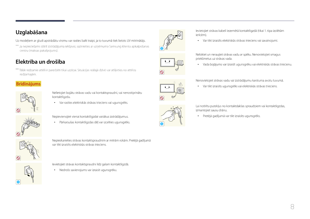 Samsung LH48RMDELGW/EN, LH40RMDPLGU/EN, LH48RMDPLGU/EN manual Uzglabāšana, Elektrība un drošība 