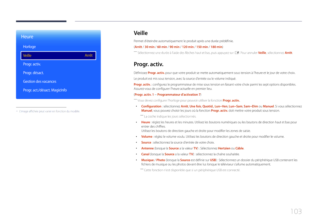 Samsung LH48RMDPLGU/EN, LH40RMDPLGU/EN manual 103, Veille, Progr. activ ~ Programmateur dactivation 