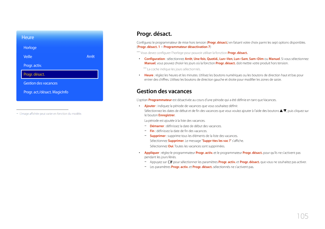 Samsung LH48RMDPLGU/EN, LH40RMDPLGU/EN manual 105, Progr. désact, Gestion des vacances 