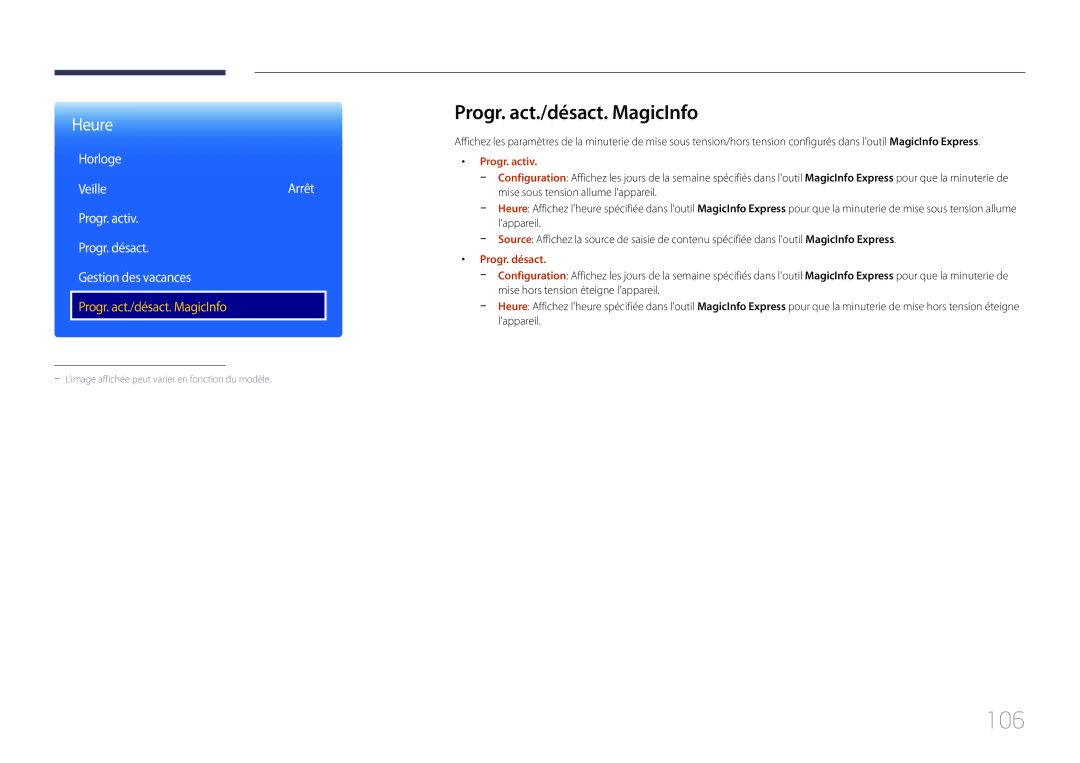 Samsung LH40RMDPLGU/EN, LH48RMDPLGU/EN manual 106, Progr. act./désact. MagicInfo, Progr. activ, Progr. désact 