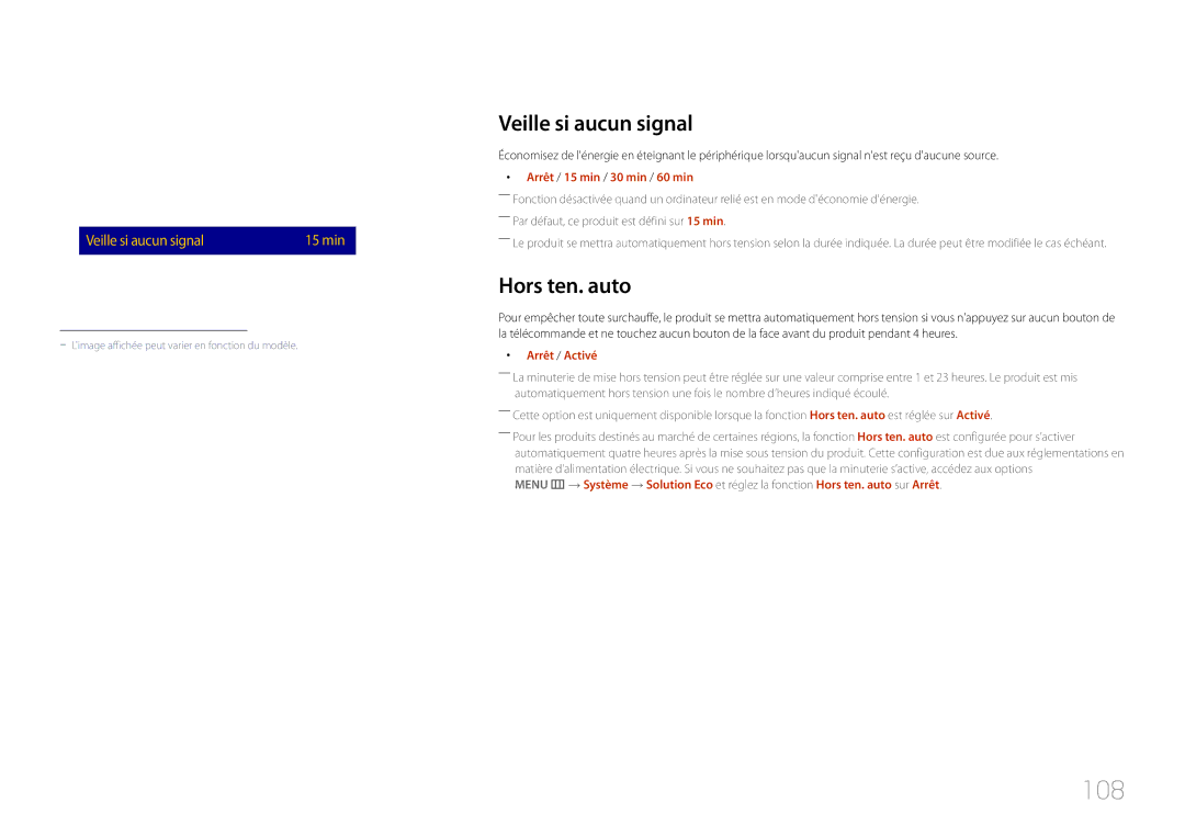 Samsung LH40RMDPLGU/EN, LH48RMDPLGU/EN manual 108, Veille si aucun signal, Hors ten. auto, Arrêt / 15 min / 30 min / 60 min 