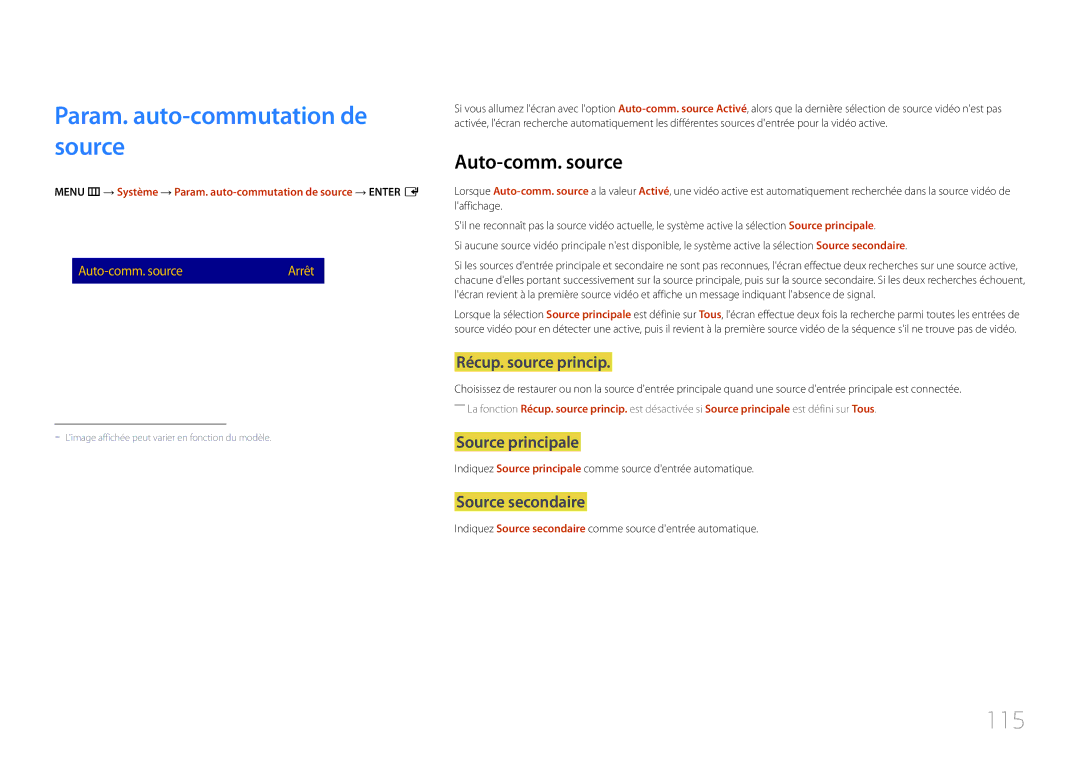 Samsung LH48RMDPLGU/EN, LH40RMDPLGU/EN manual 115, Auto-comm. source, Param. auto-commutation de source 