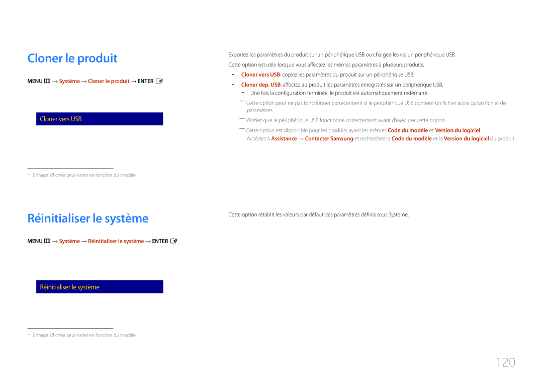 Samsung LH40RMDPLGU/EN, LH48RMDPLGU/EN manual Cloner le produit, Réinitialiser le système, 120 