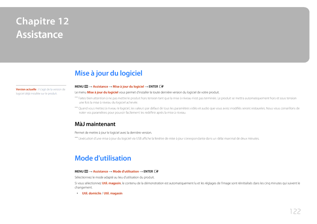 Samsung LH40RMDPLGU/EN, LH48RMDPLGU/EN manual Assistance, Mise à jour du logiciel, Mode dutilisation, 122, MàJ maintenant 