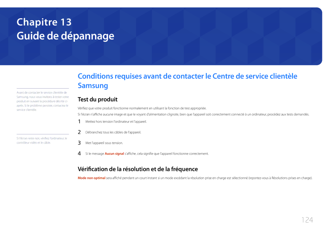 Samsung LH40RMDPLGU/EN manual Guide de dépannage, 124, Test du produit, Vérification de la résolution et de la fréquence 