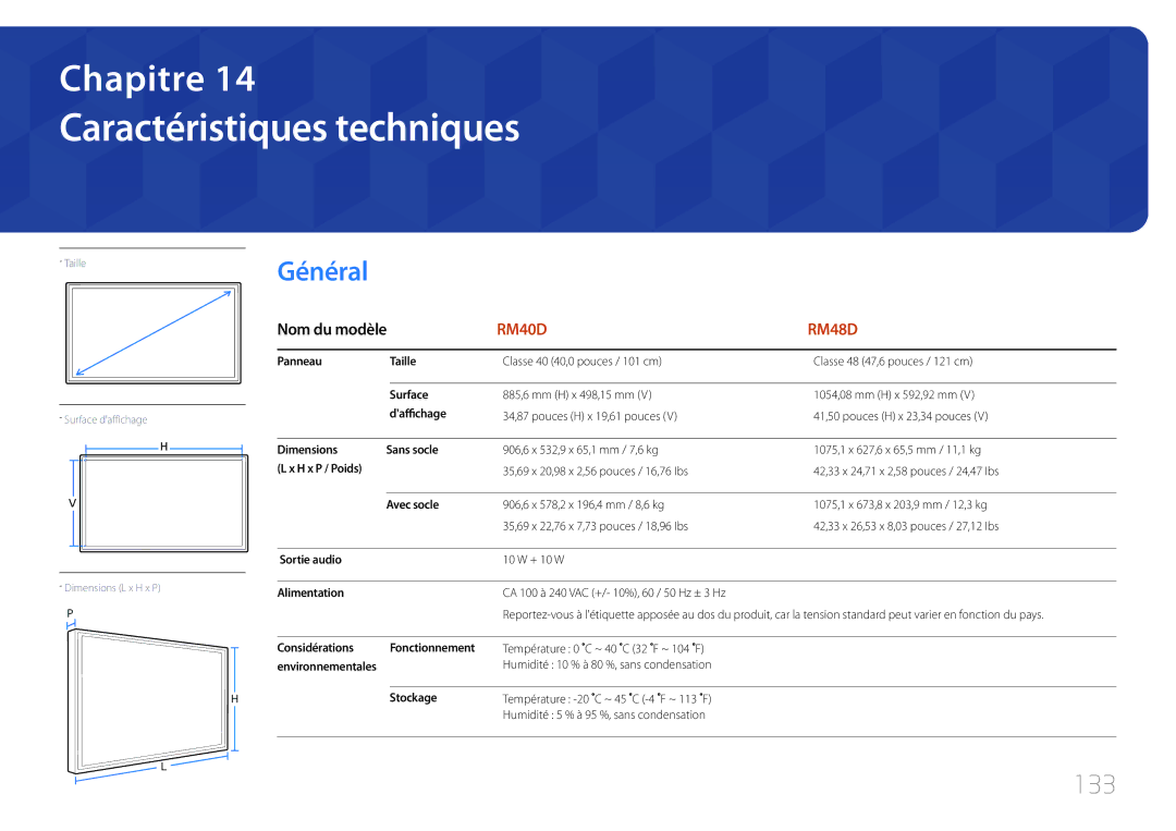 Samsung LH48RMDPLGU/EN, LH40RMDPLGU/EN manual Caractéristiques techniques, 133 