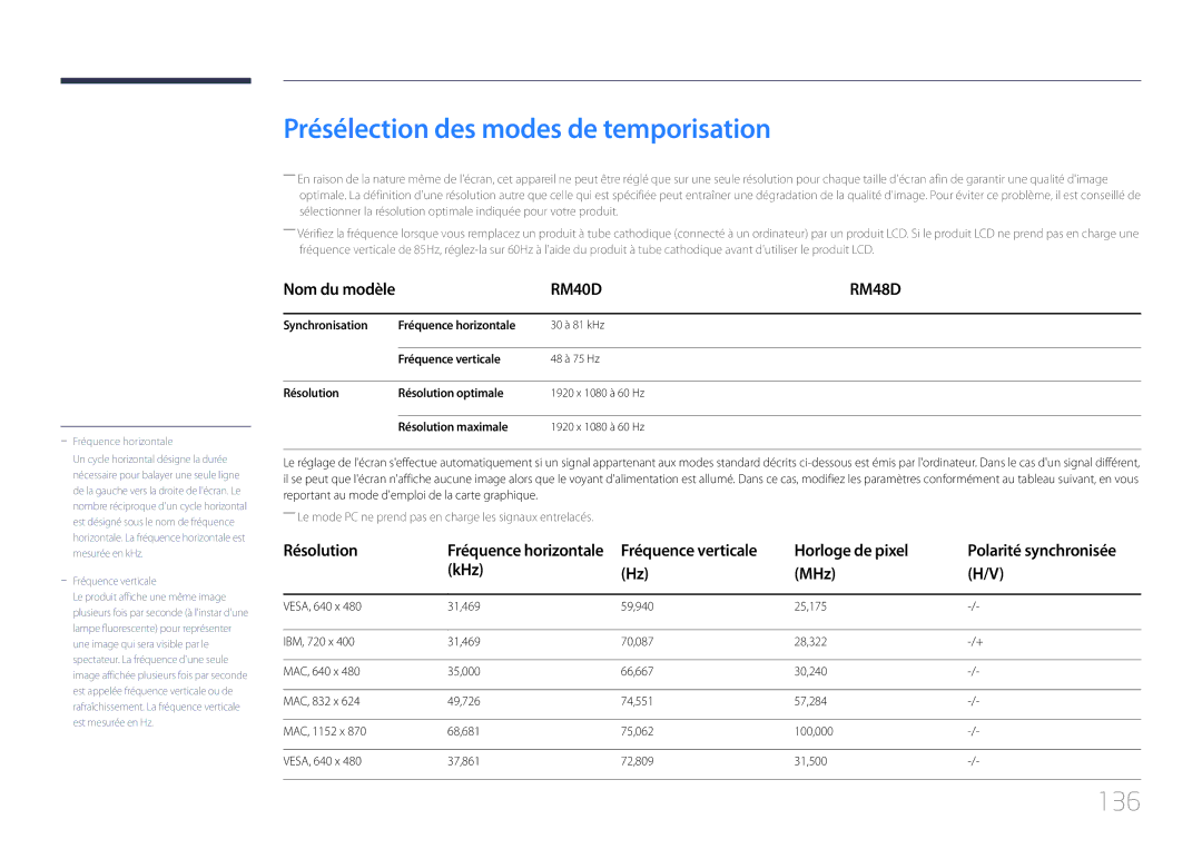 Samsung LH40RMDPLGU/EN, LH48RMDPLGU/EN manual Présélection des modes de temporisation, 136, Horloge de pixel, KHz MHz 